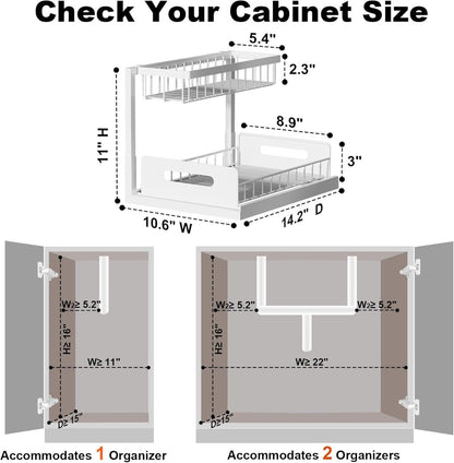 Under Sink Organizer, L-Shaped 2 Tier Pull Out Cabinet Organizer | For Kitchen and Bathroom, Slide Out Under Cabinet Storage, Metal Under Sink Storage with Sliding Drawer, 50 lbs, Black 2 Pack
