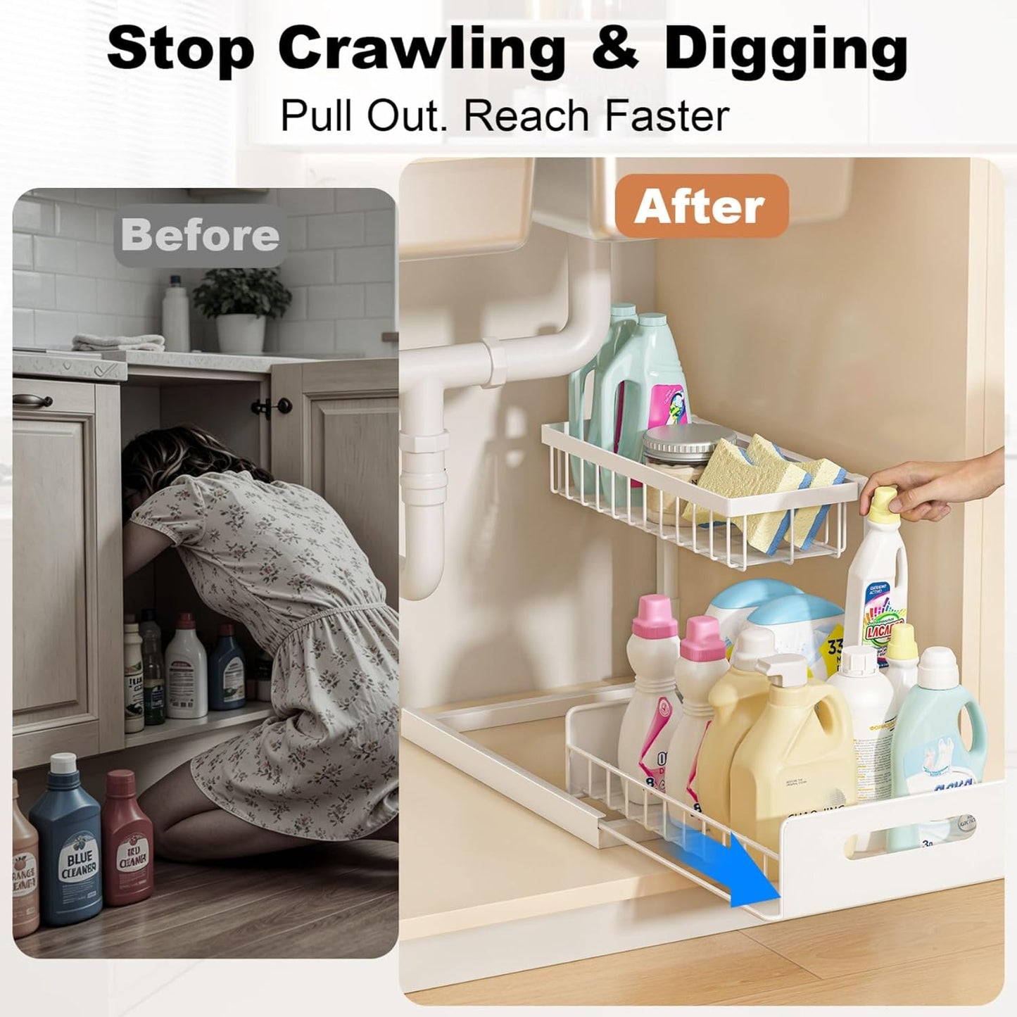 Under Sink Organizer, L-Shaped 2 Tier Pull Out Cabinet Organizer | For Kitchen and Bathroom, Slide Out Under Cabinet Storage, Metal Under Sink Storage with Sliding Drawer, 50 lbs, Black 2 Pack
