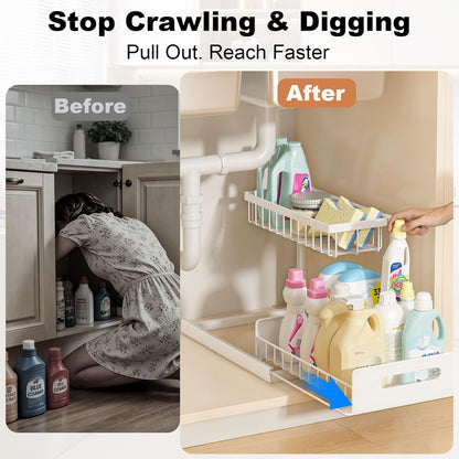 Under Sink Organizer, L-Shaped 2 Tier Pull Out Cabinet Organizer | For Kitchen and Bathroom, Slide Out Under Cabinet Storage, Metal Under Sink Storage with Sliding Drawer, 50 lbs, Black 2 Pack