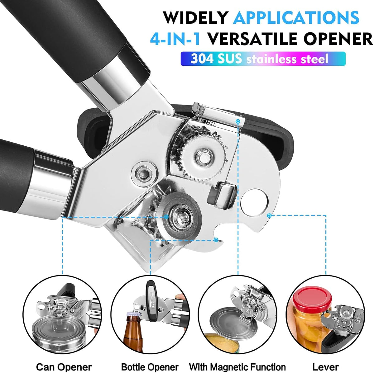 Can Opener Manual Heavy Duty Multifunctional with Magnet Lift [Ergonomic Curved Handle Grip] Stainless Steel, Arthritis-Friendly, Kitchen Tool for Seniors, Kitchen Essentials, Camping, Bottle Opener
