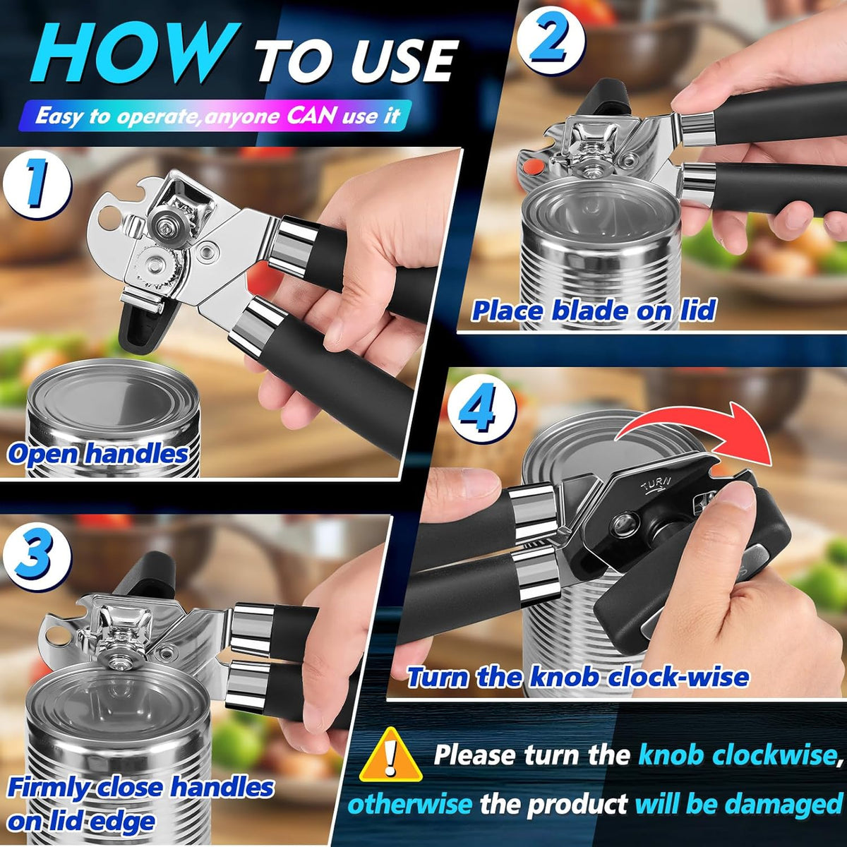 Can Opener Manual Heavy Duty Multifunctional with Magnet Lift [Ergonomic Curved Handle Grip] Stainless Steel, Arthritis-Friendly, Kitchen Tool for Seniors, Kitchen Essentials, Camping, Bottle Opener