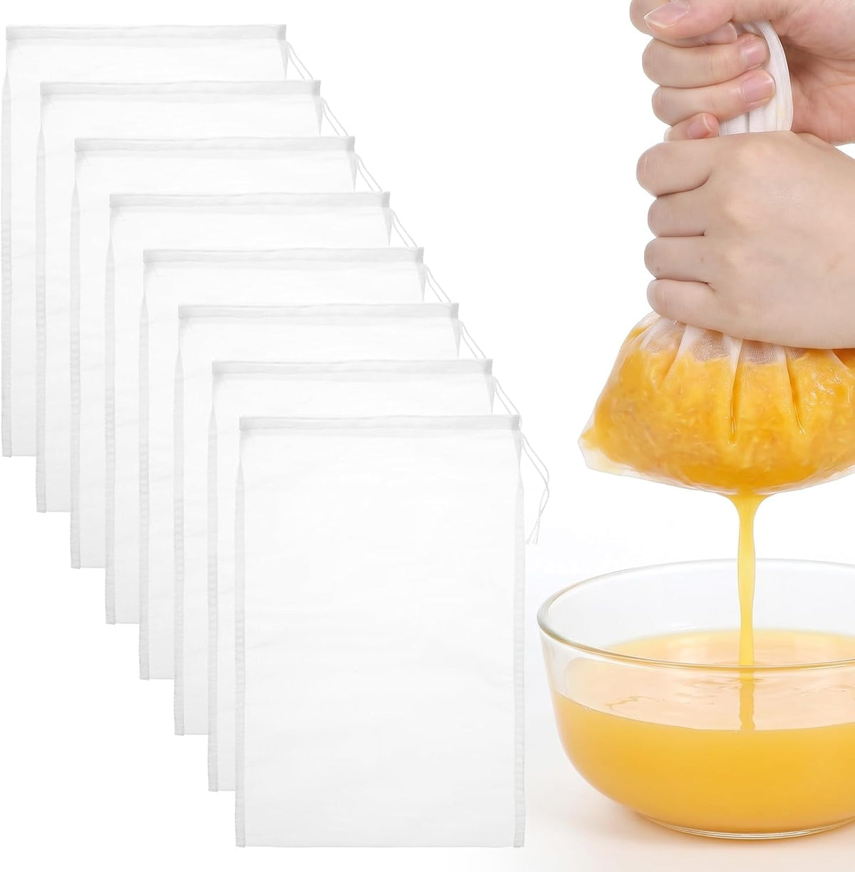 8 PCS Nut Milk Bag Reusable Nylon Cheese Cloth Bag for Straining 30 * 20cm Fine Mesh Strainer Bags Juicing Bags with Drawstring for Filtering Nut Milk Cold Brew Coffee Greek Yogurt Tea Juice