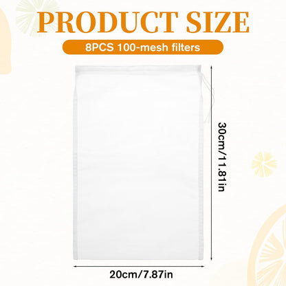 8 PCS Nut Milk Bag Reusable Nylon Cheese Cloth Bag for Straining 30 * 20cm Fine Mesh Strainer Bags Juicing Bags with Drawstring for Filtering Nut Milk Cold Brew Coffee Greek Yogurt Tea Juice