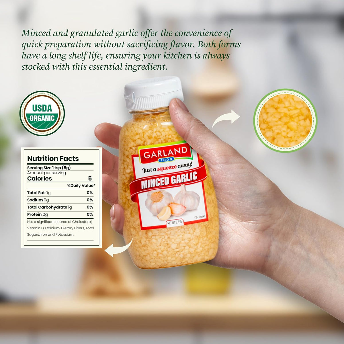 Garland Foods Minced Garlic in Water 9.5 oz | Squeezable Bottle