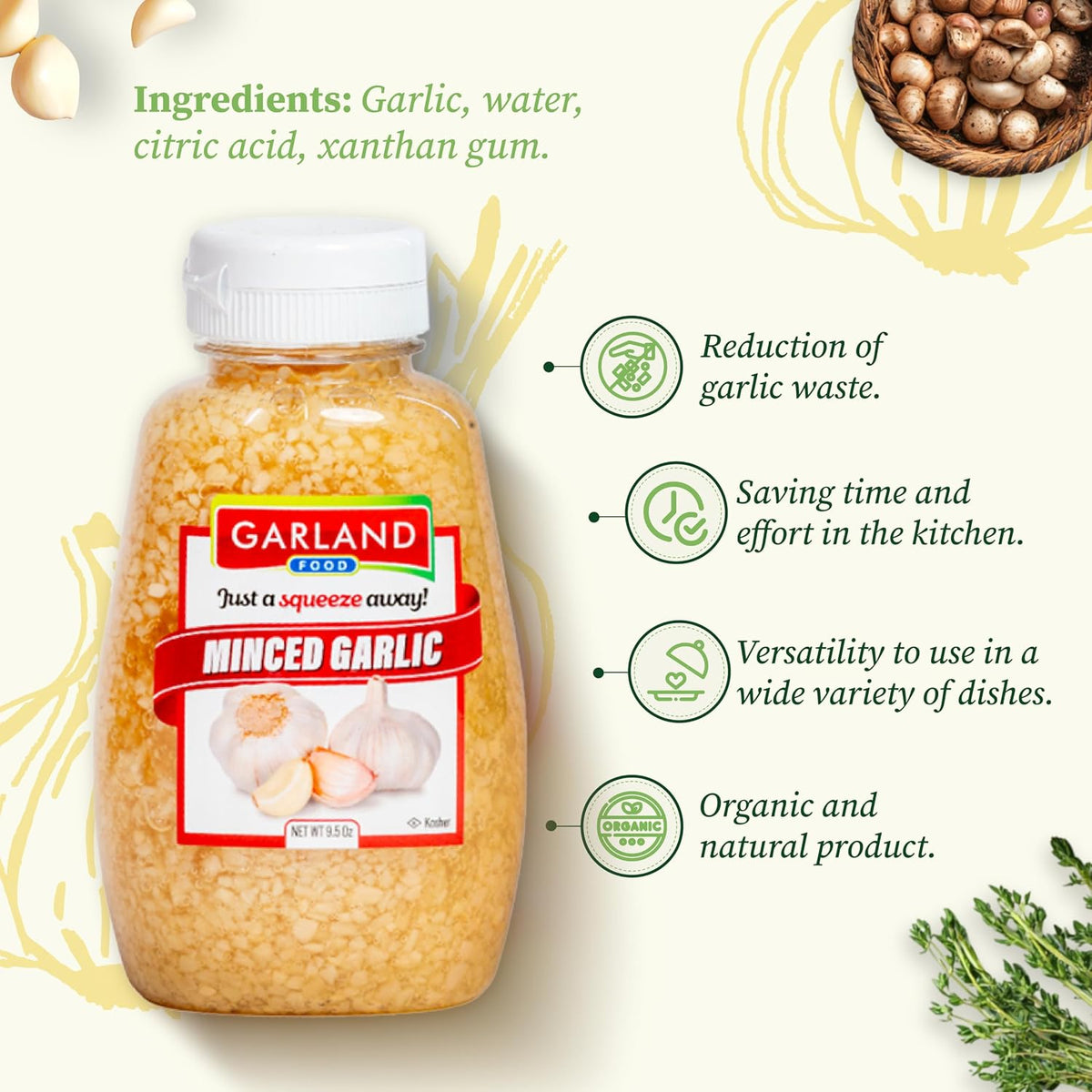 Garland Foods Minced Garlic in Water 9.5 oz | Squeezable Bottle