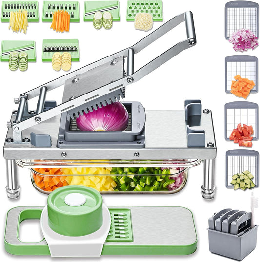 Vegetable Chopper Veggie Cutter Onion Food Dicer with Container 10 Blades | Stainless Steel Construction, Fruit Potato Salad Dicer, Dishwasher Safety, Easy Cleaning, Safety Hand Guards