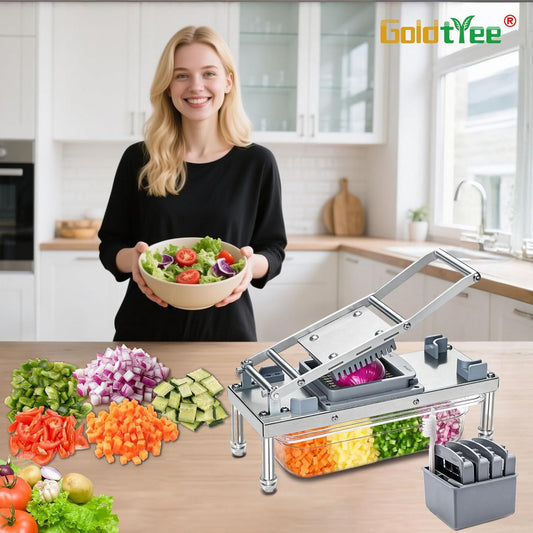Vegetable Chopper Veggie Cutter Onion Food Dicer with Container 10 Blades | Stainless Steel Construction, Fruit Potato Salad Dicer, Dishwasher Safety, Easy Cleaning, Safety Hand Guards