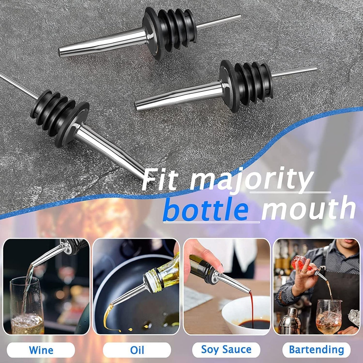 6 Pack Liquor Bottle Pourers, Liquor Pour Spout for Liquor Bottles, Stainless Steel Olive oil Dispenser Spout, Alcohol Pourer Spouts Dust Caps Covers Fixed, Sliver