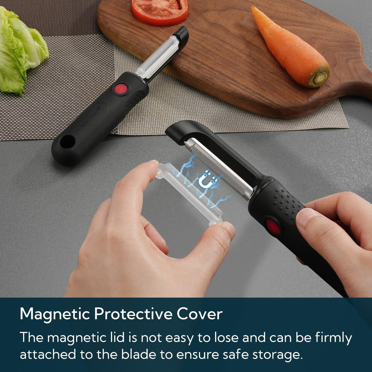 Magnetic Vegetable Peeler with Durable Japanese Stainless Steel Sharp Dual Blade, Magnetic Safety Cover, Large Non-Slip Handle with Potato Eye Remover, Dishwasher Safe Kitchen Fruit Peeler