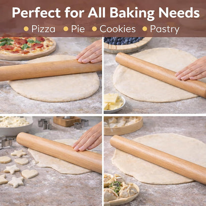 17 Inch French Rolling Pin, Wooden Dough Roller for Baking, Solid Wood Tapered Rolling Pin for Pizza, Pie Crust, Cookies, Pastry, Non-Stick, Easy Control Kitchen Baking Tool, Beech Wood