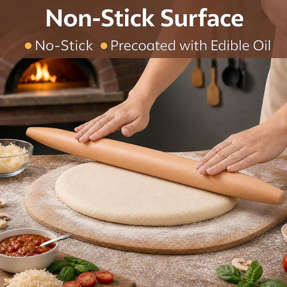 17 Inch French Rolling Pin, Wooden Dough Roller for Baking, Solid Wood Tapered Rolling Pin for Pizza, Pie Crust, Cookies, Pastry, Non-Stick, Easy Control Kitchen Baking Tool, Beech Wood