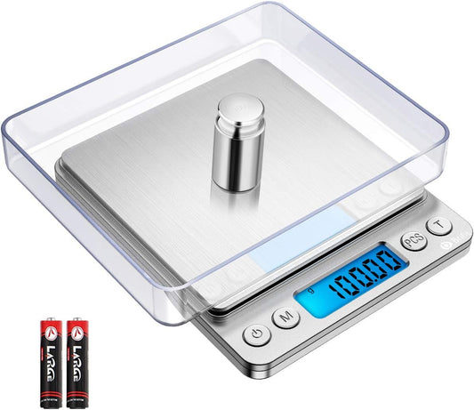 (New) Digital Kitchen Scale, 500g/ 0.01g Mini Pocket Jewelry Scale, 100g Calibration Weight, Cooking Food Scale, Back-Lit LCD Display, 2 Trays, 6 Units, Auto Off, Tare, PCS, Stainless Steel
