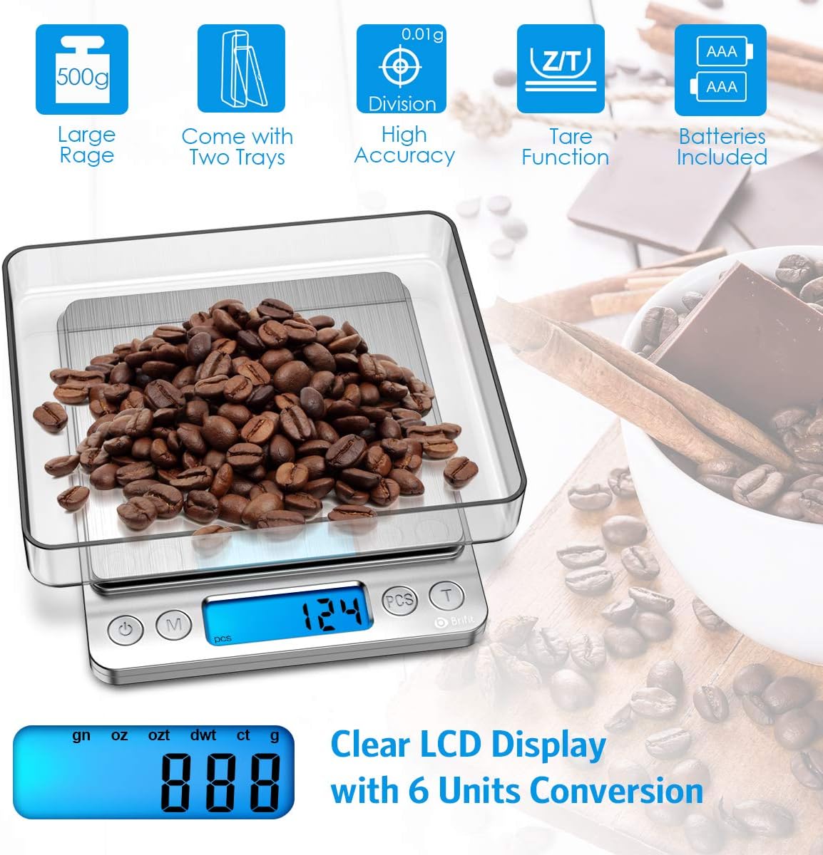 (New) Digital Kitchen Scale, 500g/ 0.01g Mini Pocket Jewelry Scale, 100g Calibration Weight, Cooking Food Scale, Back-Lit LCD Display, 2 Trays, 6 Units, Auto Off, Tare, PCS, Stainless Steel