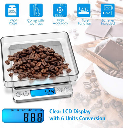(New) Digital Kitchen Scale, 500g/ 0.01g Mini Pocket Jewelry Scale, 100g Calibration Weight, Cooking Food Scale, Back-Lit LCD Display, 2 Trays, 6 Units, Auto Off, Tare, PCS, Stainless Steel