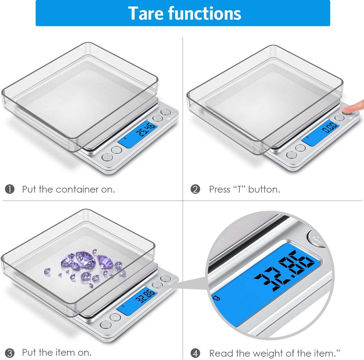 (New) Digital Kitchen Scale, 500g/ 0.01g Mini Pocket Jewelry Scale, 100g Calibration Weight, Cooking Food Scale, Back-Lit LCD Display, 2 Trays, 6 Units, Auto Off, Tare, PCS, Stainless Steel