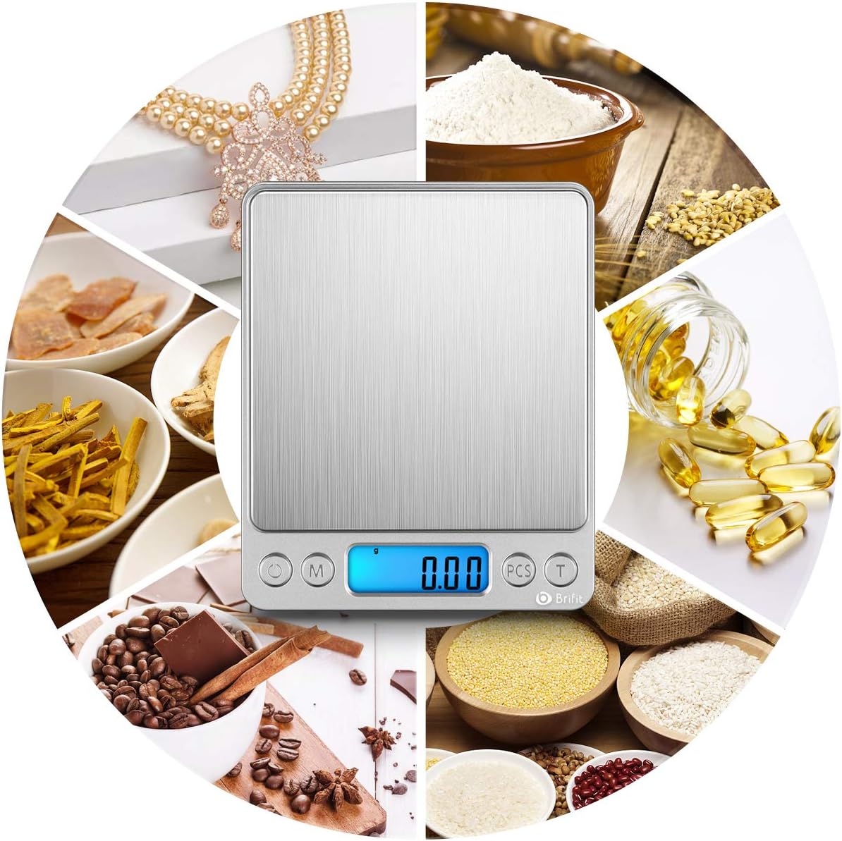 (New) Digital Kitchen Scale, 500g/ 0.01g Mini Pocket Jewelry Scale, 100g Calibration Weight, Cooking Food Scale, Back-Lit LCD Display, 2 Trays, 6 Units, Auto Off, Tare, PCS, Stainless Steel