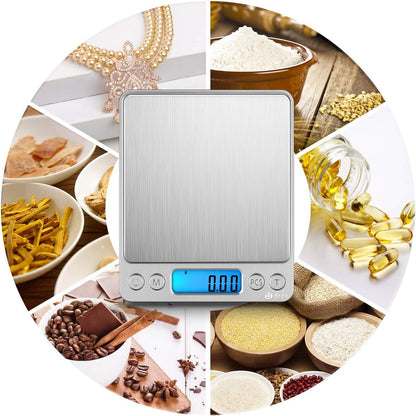 (New) Digital Kitchen Scale, 500g/ 0.01g Mini Pocket Jewelry Scale, 100g Calibration Weight, Cooking Food Scale, Back-Lit LCD Display, 2 Trays, 6 Units, Auto Off, Tare, PCS, Stainless Steel