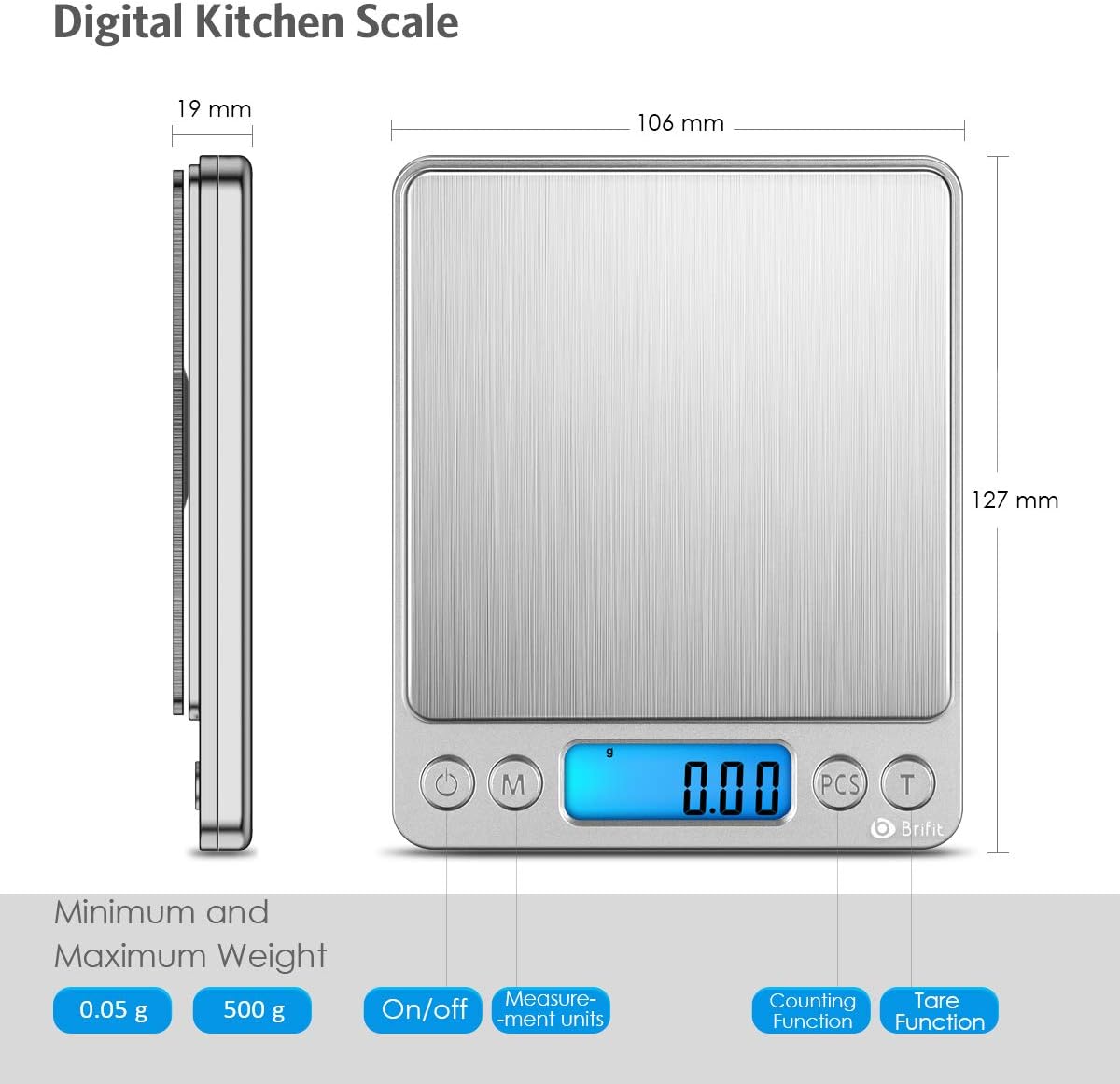 (New) Digital Kitchen Scale, 500g/ 0.01g Mini Pocket Jewelry Scale, 100g Calibration Weight, Cooking Food Scale, Back-Lit LCD Display, 2 Trays, 6 Units, Auto Off, Tare, PCS, Stainless Steel