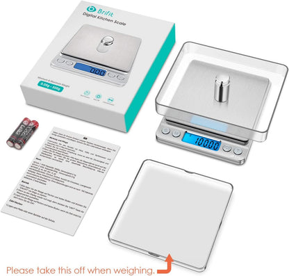 (New) Digital Kitchen Scale, 500g/ 0.01g Mini Pocket Jewelry Scale, 100g Calibration Weight, Cooking Food Scale, Back-Lit LCD Display, 2 Trays, 6 Units, Auto Off, Tare, PCS, Stainless Steel
