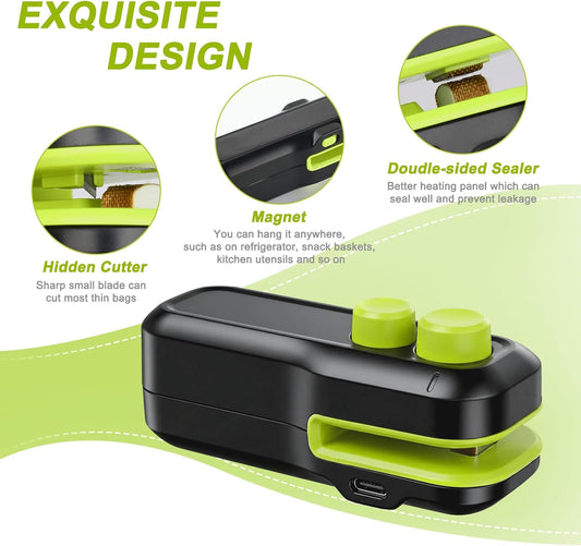 Mini Bag Sealer, 2 in 1 Rechargeable Heat Sealer and Cutter with Magnet, Portable Chip Bag Sealer for Plastic Bags Food Storage Snacks Freshness (Black)