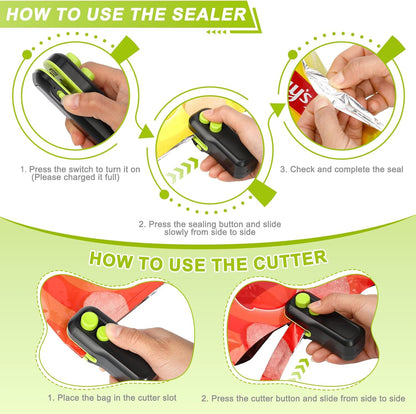 Mini Bag Sealer, 2 in 1 Rechargeable Heat Sealer and Cutter with Magnet, Portable Chip Bag Sealer for Plastic Bags Food Storage Snacks Freshness (Black)