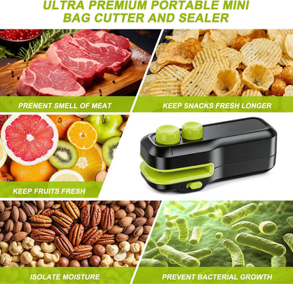Mini Bag Sealer, 2 in 1 Rechargeable Heat Sealer and Cutter with Magnet, Portable Chip Bag Sealer for Plastic Bags Food Storage Snacks Freshness (Black)