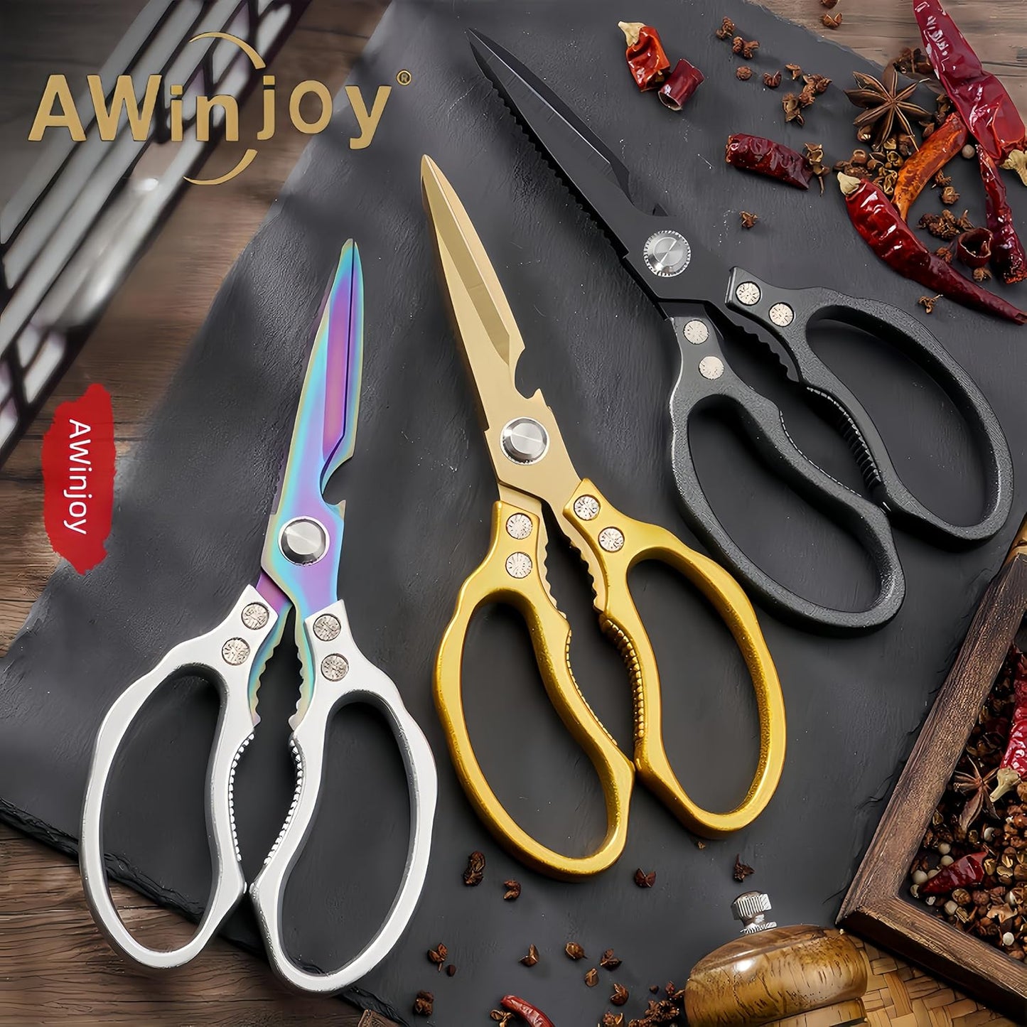 AWinjoy Kitchen Scissors, Heavy Duty Sharp Shears Dishwasher Safe, Kitchen Accessories Cooking Shears for Meat Chicken Fish Poultry Herb Bread (gold)