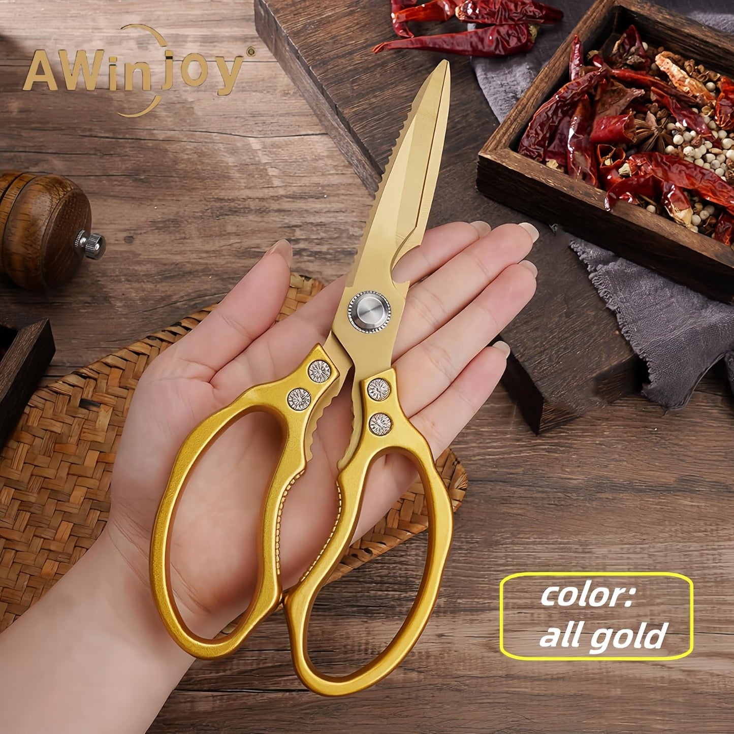 AWinjoy Kitchen Scissors, Heavy Duty Sharp Shears Dishwasher Safe, Kitchen Accessories Cooking Shears for Meat Chicken Fish Poultry Herb Bread (gold)