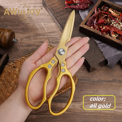 AWinjoy Kitchen Scissors, Heavy Duty Sharp Shears Dishwasher Safe, Kitchen Accessories Cooking Shears for Meat Chicken Fish Poultry Herb Bread (gold)
