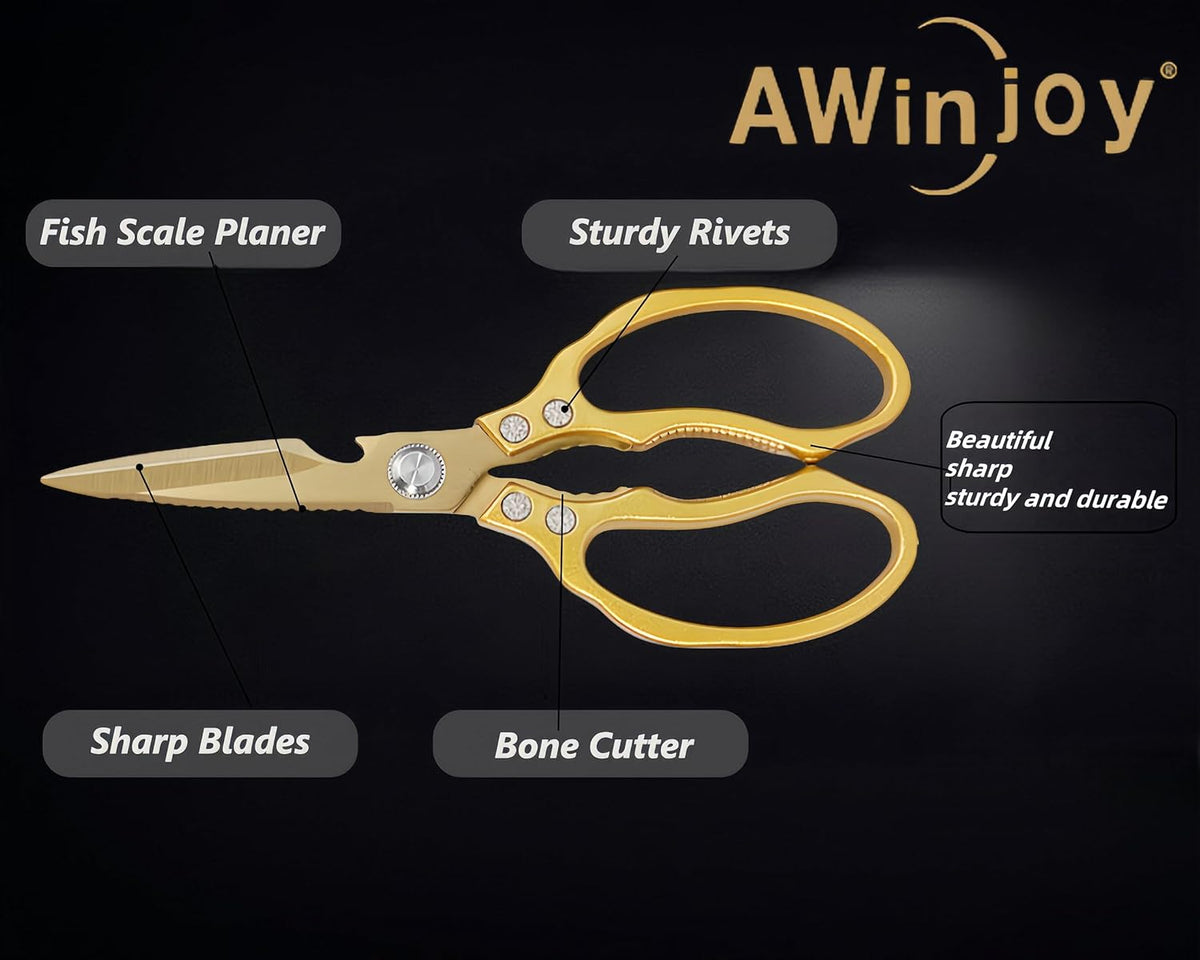 AWinjoy Kitchen Scissors, Heavy Duty Sharp Shears Dishwasher Safe, Kitchen Accessories Cooking Shears for Meat Chicken Fish Poultry Herb Bread (gold)