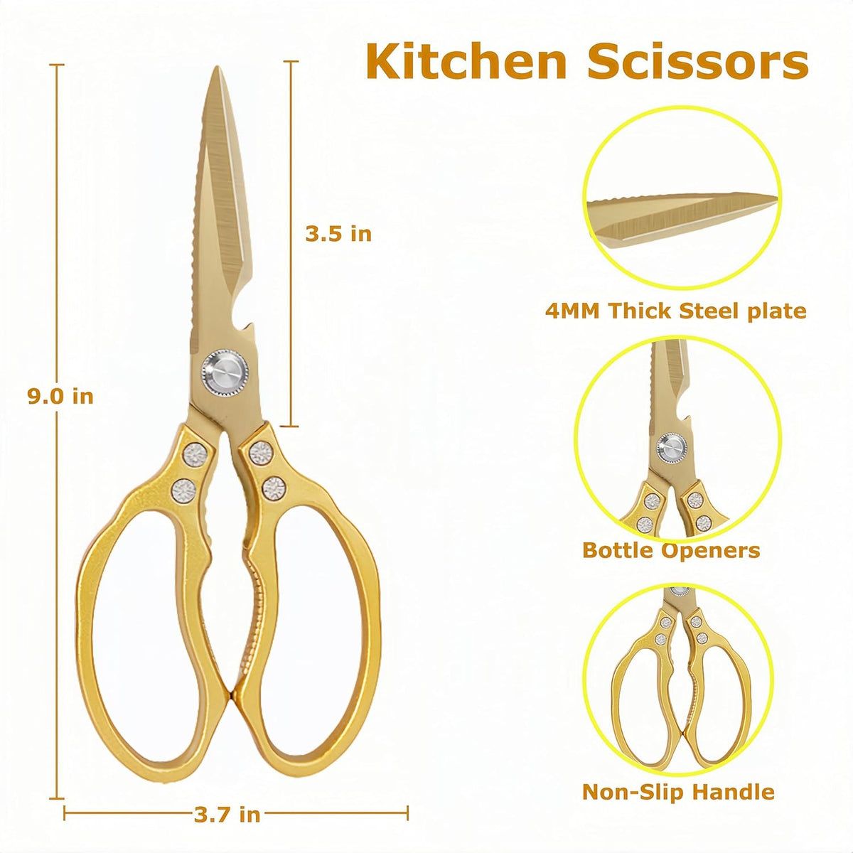 AWinjoy Kitchen Scissors, Heavy Duty Sharp Shears Dishwasher Safe, Kitchen Accessories Cooking Shears for Meat Chicken Fish Poultry Herb Bread (gold)