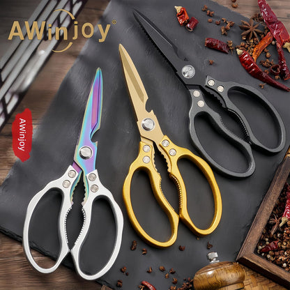 AWinjoy Kitchen Scissors, Heavy Duty Sharp Shears Dishwasher Safe, Kitchen Accessories Cooking Shears for Meat Chicken Fish Poultry Herb Bread (gold)