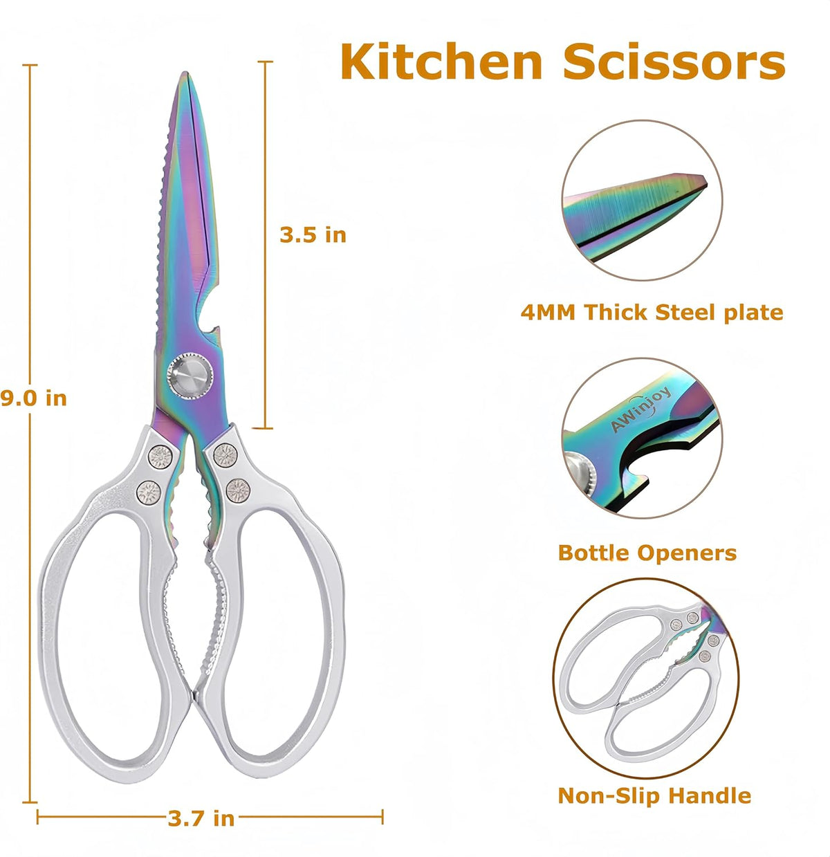 AWinjoy Kitchen Scissors, Heavy Duty Sharp Shears Dishwasher Safe, Kitchen Accessories Cooking Shears for Meat Chicken Fish Poultry Herb Bread (gold)