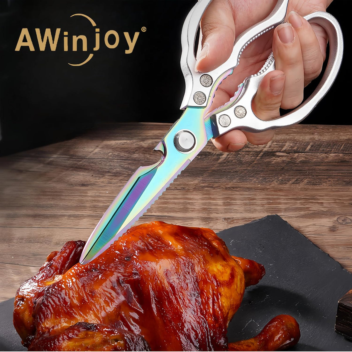 AWinjoy Kitchen Scissors, Heavy Duty Sharp Shears Dishwasher Safe, Kitchen Accessories Cooking Shears for Meat Chicken Fish Poultry Herb Bread (gold)