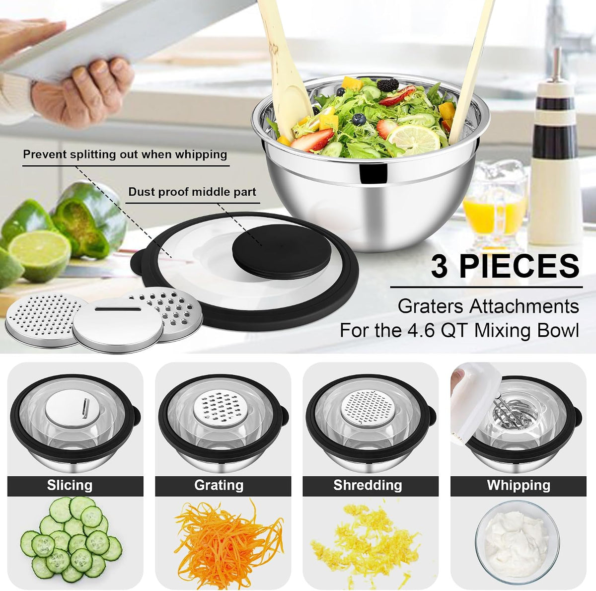 Mixing Bowls, Stainless Steel Salad Mixing Bowl with Lid & Grater Set