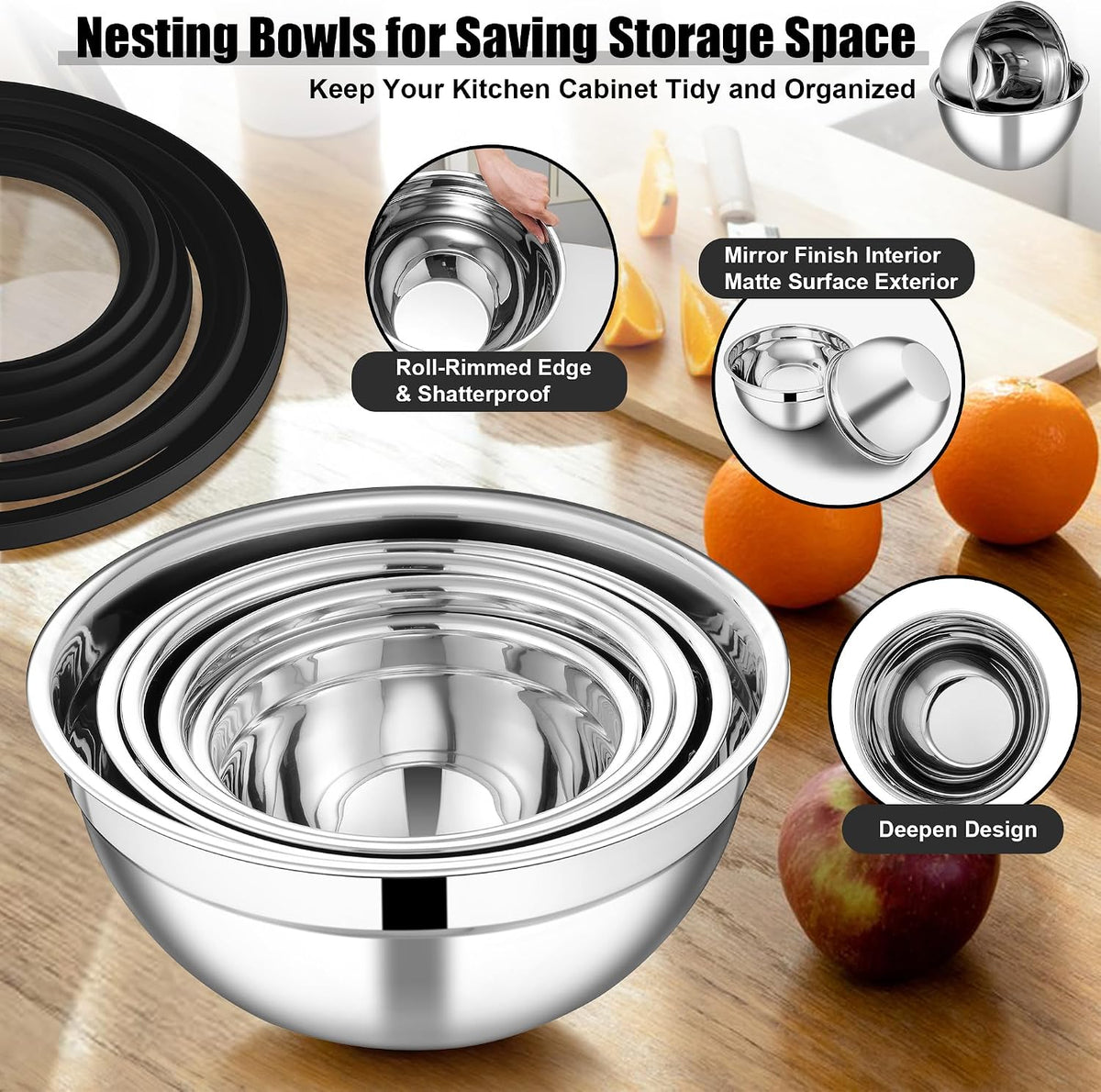 Mixing Bowls, Stainless Steel Salad Mixing Bowl with Lid & Grater Set