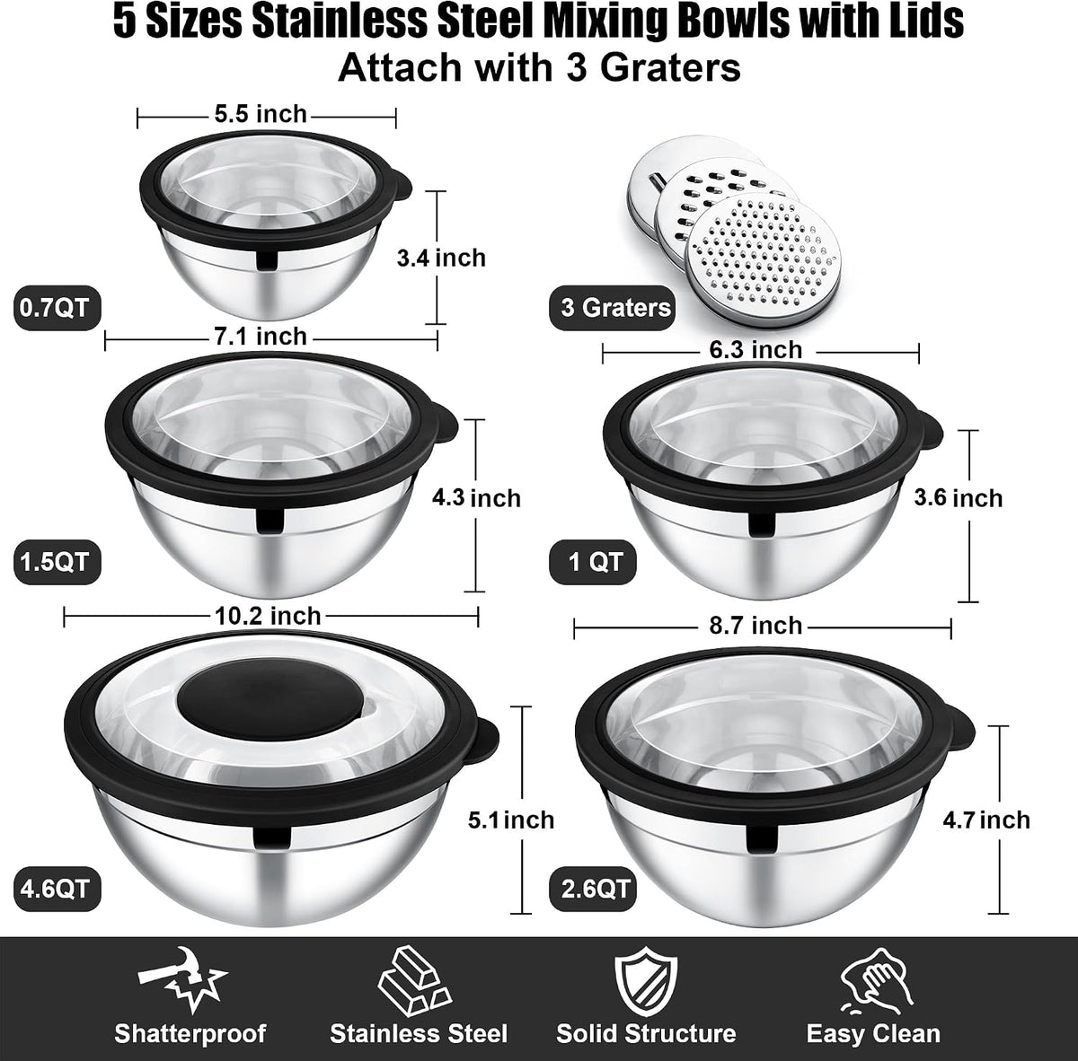 Mixing Bowls, Stainless Steel Salad Mixing Bowl with Lid & Grater Set