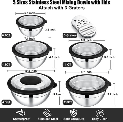 Mixing Bowls, Stainless Steel Salad Mixing Bowl with Lid & Grater Set
