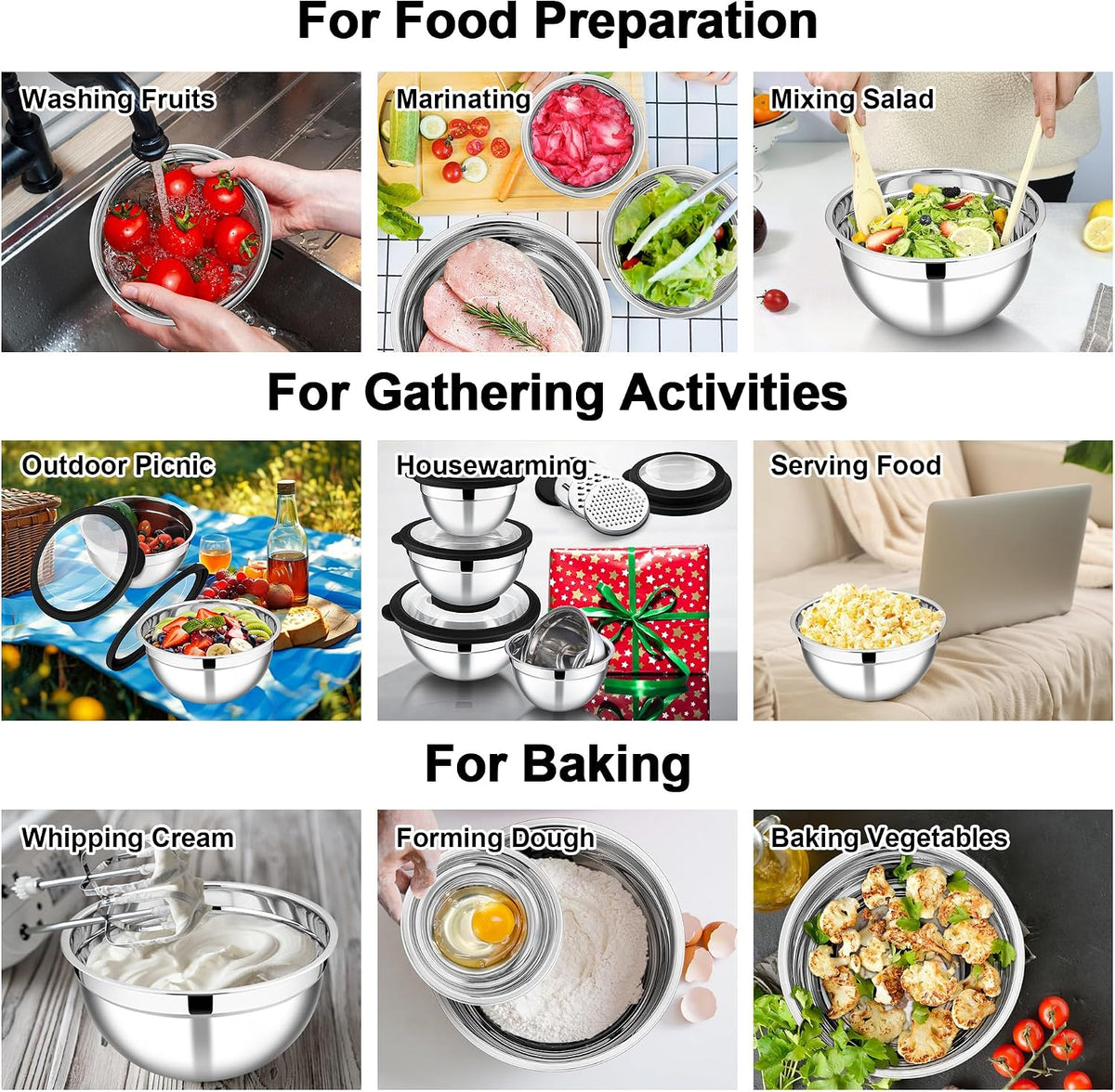 Mixing Bowls, Stainless Steel Salad Mixing Bowl with Lid & Grater Set