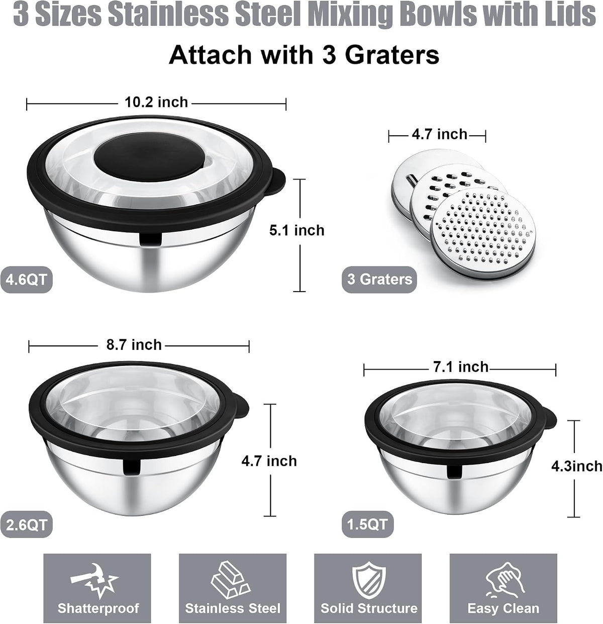 Mixing Bowls, Stainless Steel Salad Mixing Bowl with Lid & Grater Set