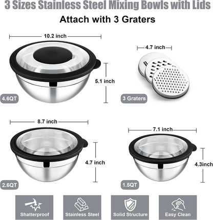 Mixing Bowls, Stainless Steel Salad Mixing Bowl with Lid & Grater Set