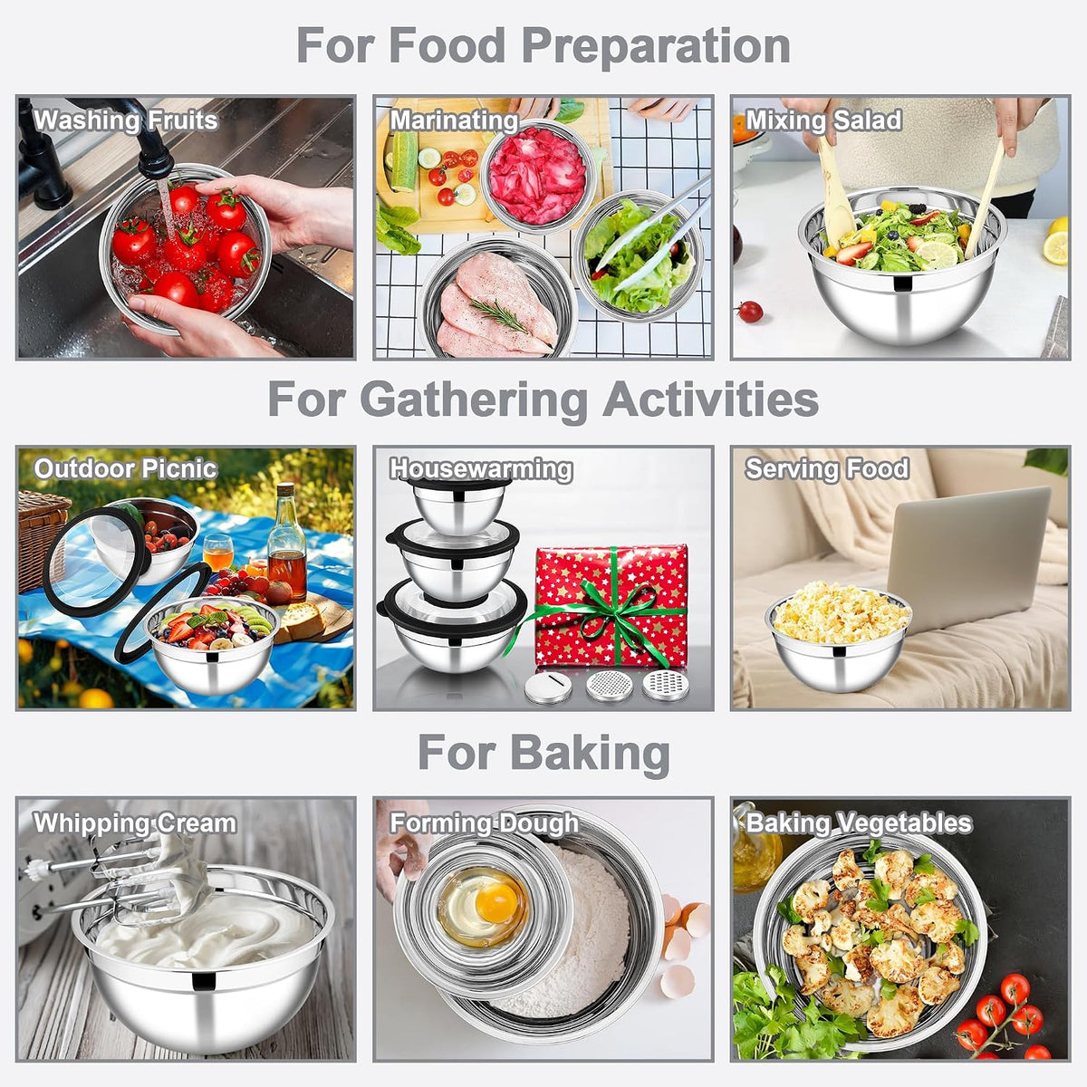 Mixing Bowls, Stainless Steel Salad Mixing Bowl with Lid & Grater Set
