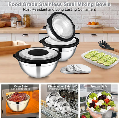 Mixing Bowls, Stainless Steel Salad Mixing Bowl with Lid & Grater Set
