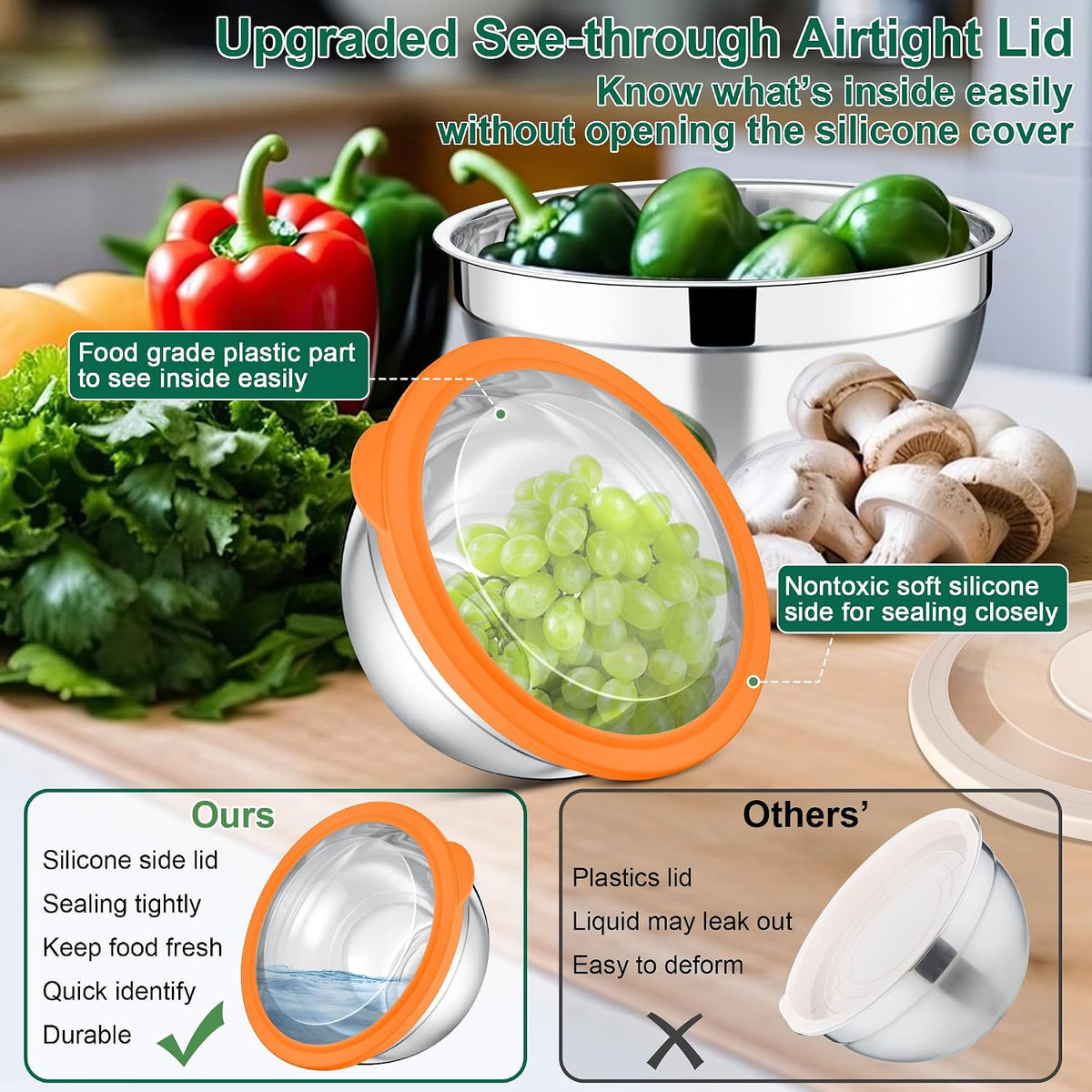 Mixing Bowls, Stainless Steel Salad Mixing Bowl with Lid & Grater Set