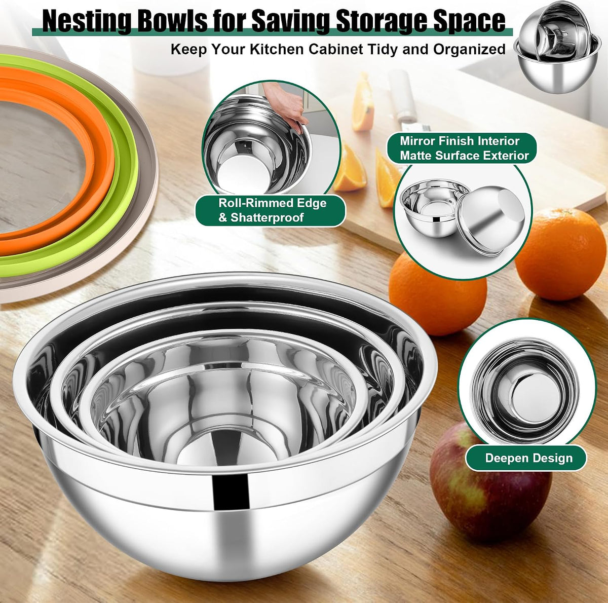 Mixing Bowls, Stainless Steel Salad Mixing Bowl with Lid & Grater Set