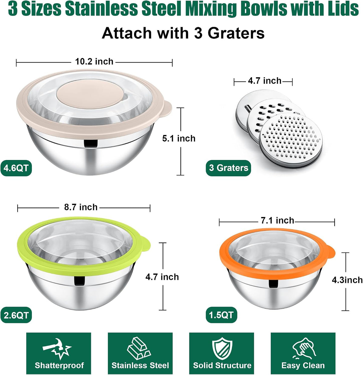 Mixing Bowls, Stainless Steel Salad Mixing Bowl with Lid & Grater Set