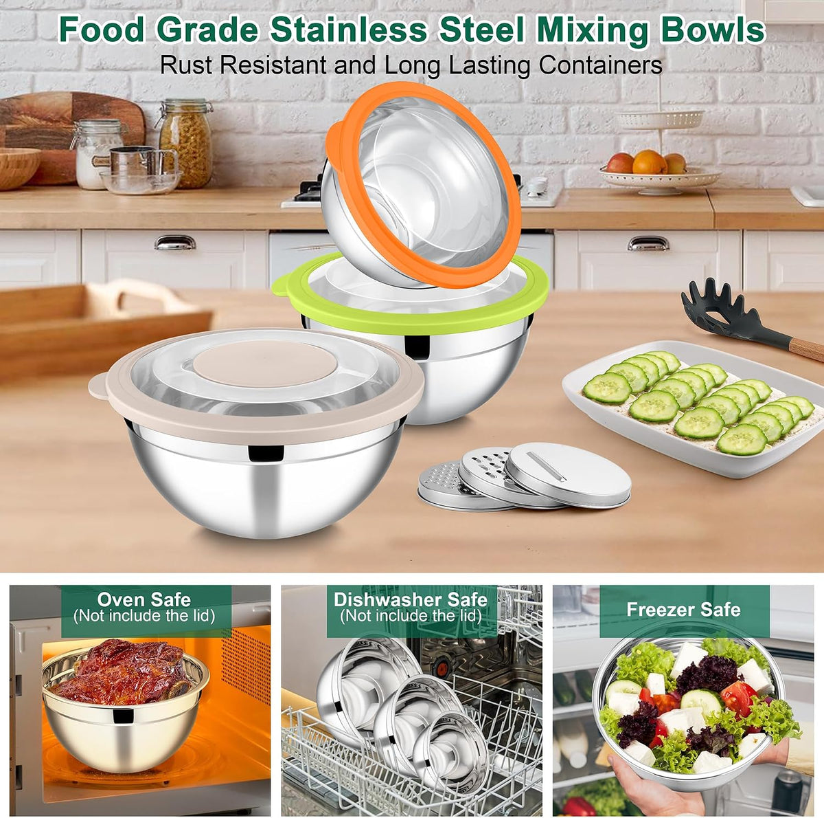 Mixing Bowls, Stainless Steel Salad Mixing Bowl with Lid & Grater Set