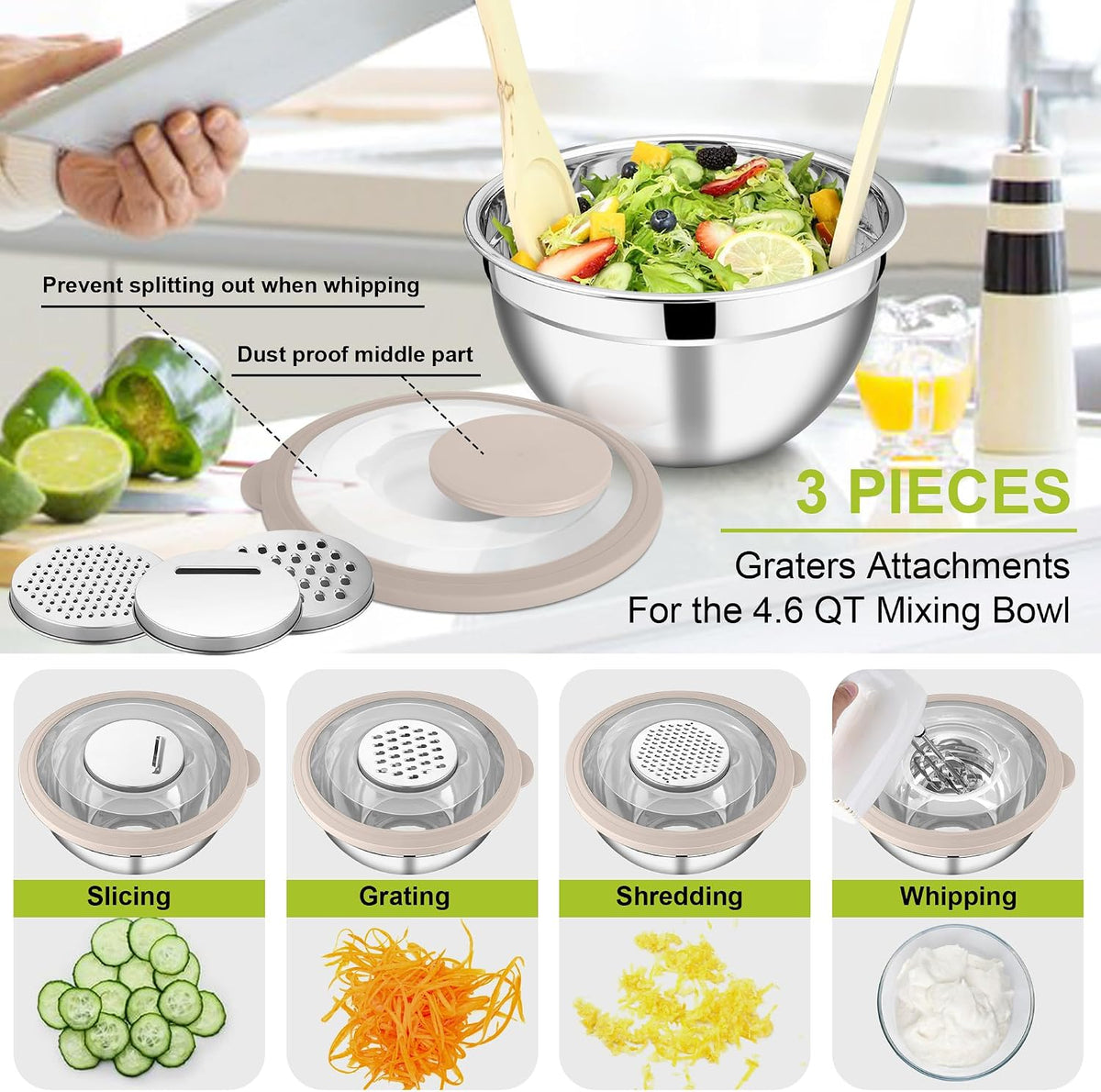 Mixing Bowls, Stainless Steel Salad Mixing Bowl with Lid & Grater Set