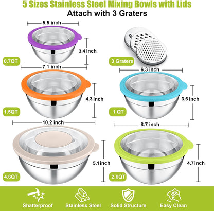 Mixing Bowls, Stainless Steel Salad Mixing Bowl with Lid & Grater Set