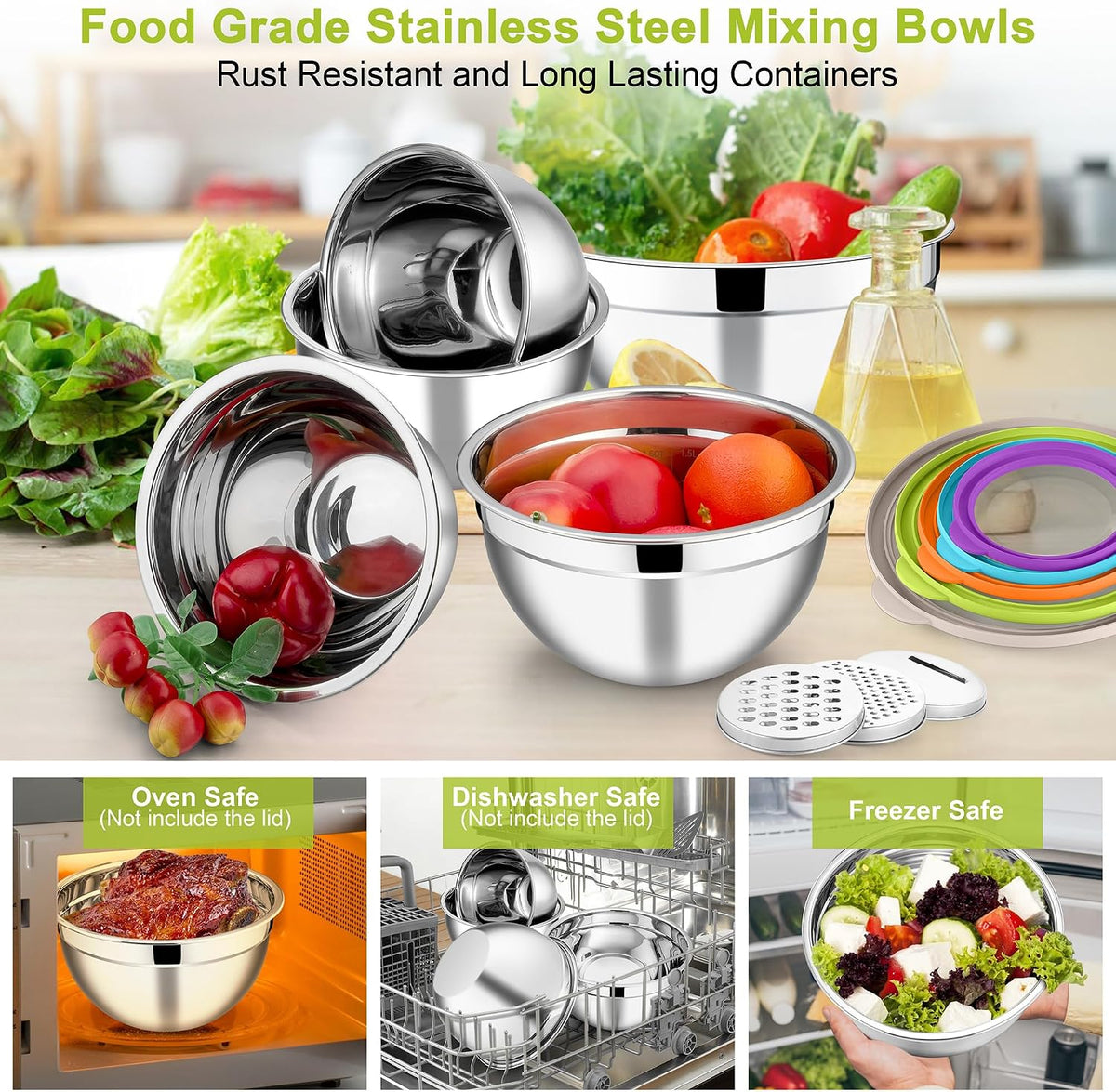 Mixing Bowls, Stainless Steel Salad Mixing Bowl with Lid & Grater Set